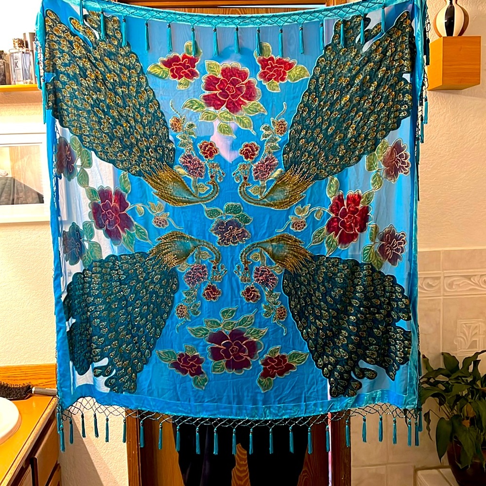 Large Vintage Turquoise Peacock and Rose Burnout Velvet Beaded Shawl